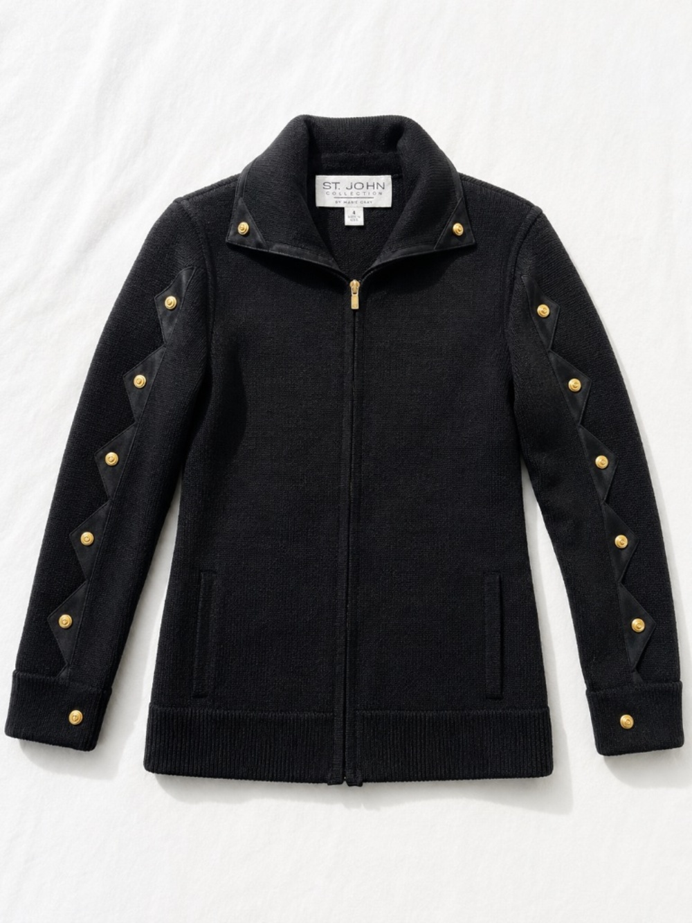 St. John Collection Black Knit Suede Gold Button Jacket Size 4
